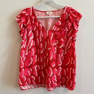 Umgee Pink & White Patterned V-Neck Ruffle Sleeve Blouse